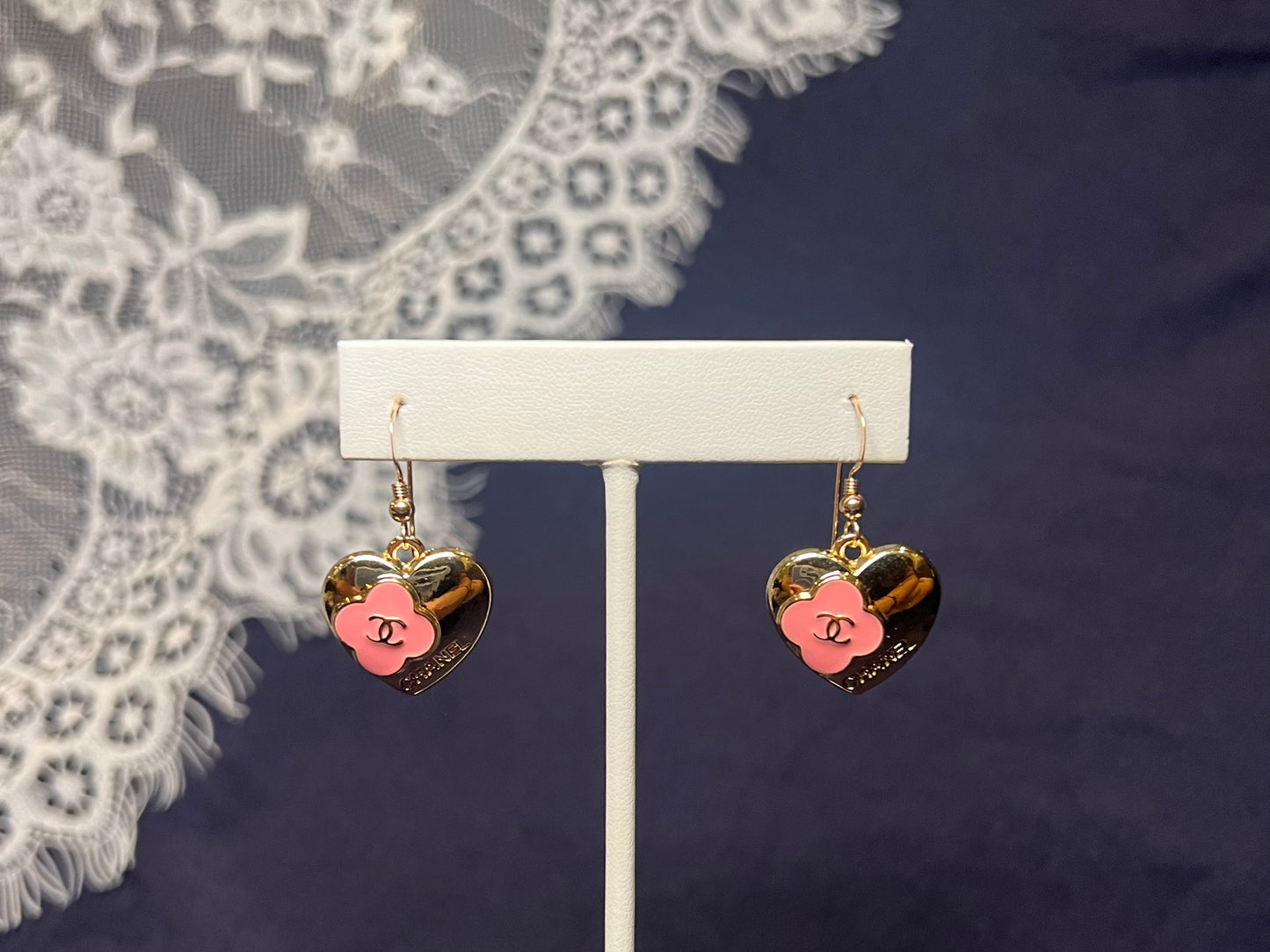 Pink Clover and Gold Chanel Heart Earrings