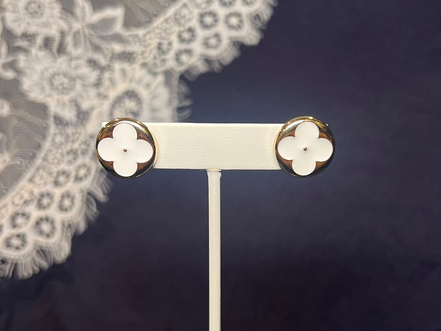 White LV Flower Logo Stud Earrings