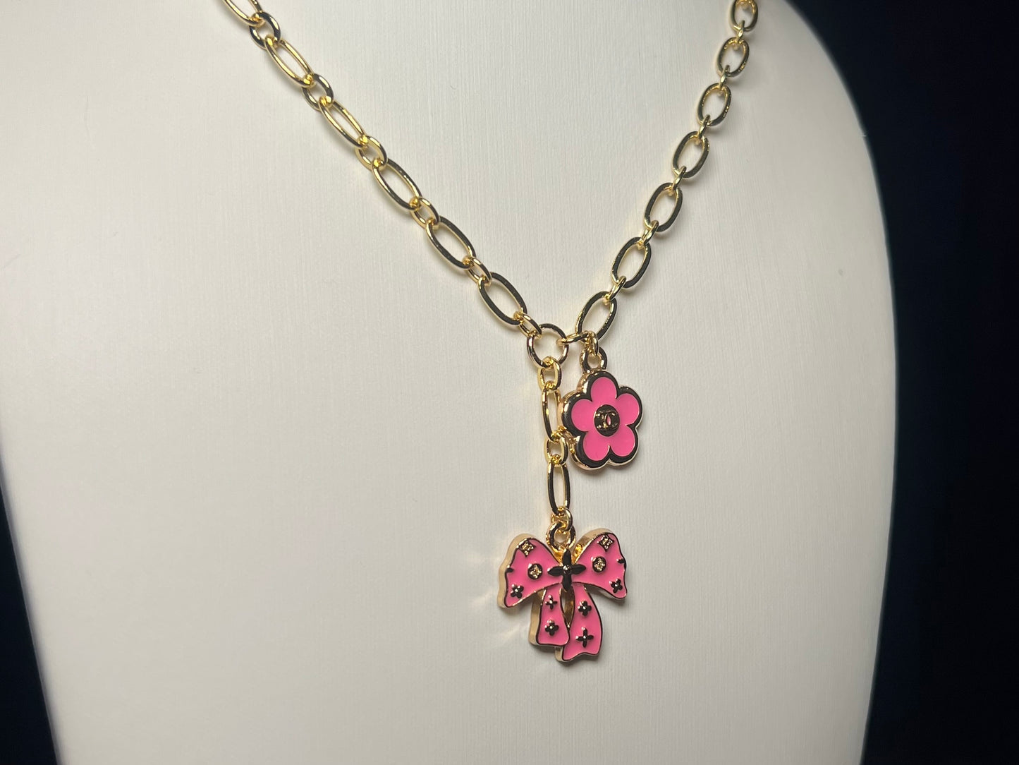 Pink Bow and Flower Necklace