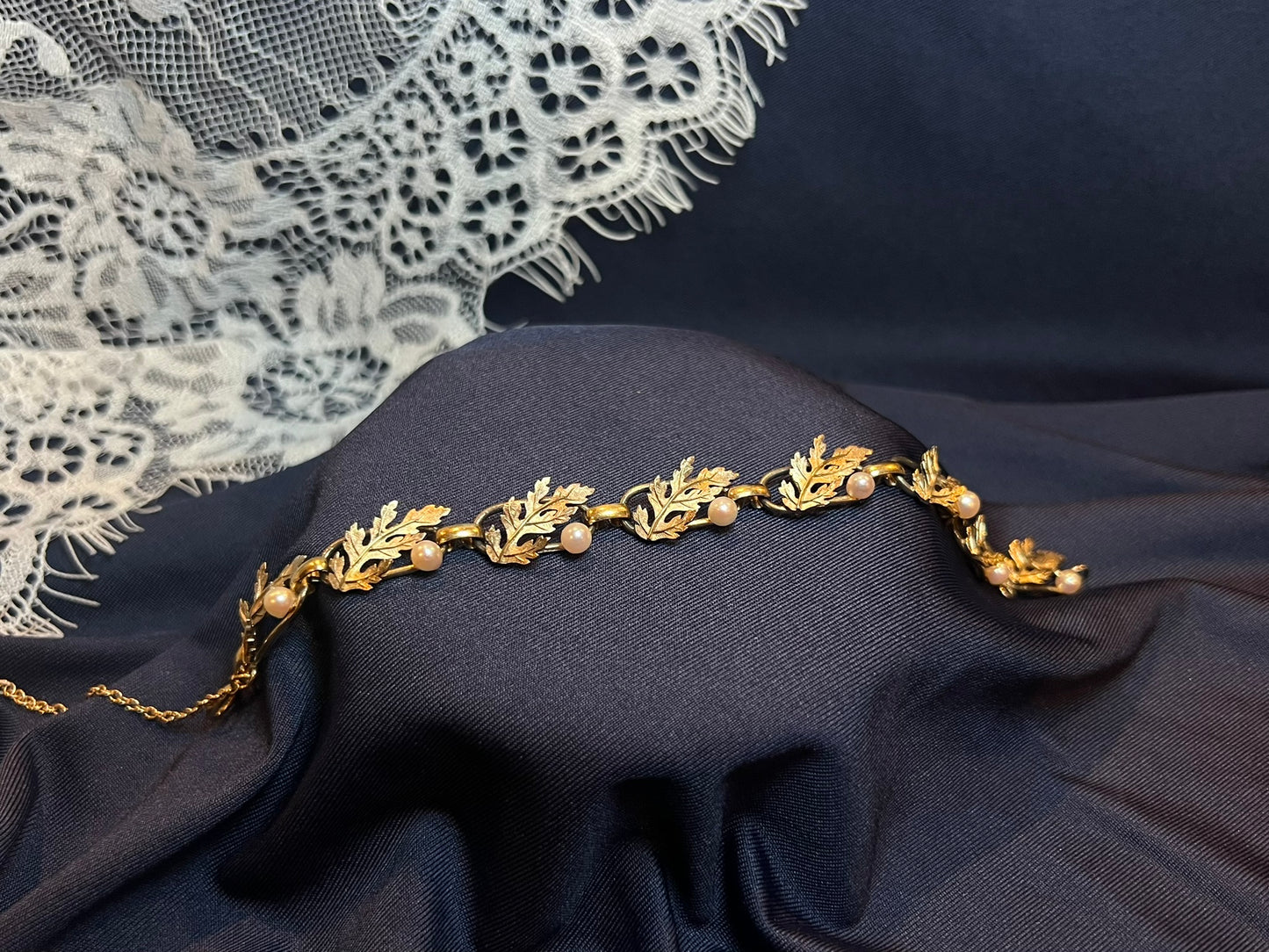 Vintage Sterling Leaf and Pearl Bracelet