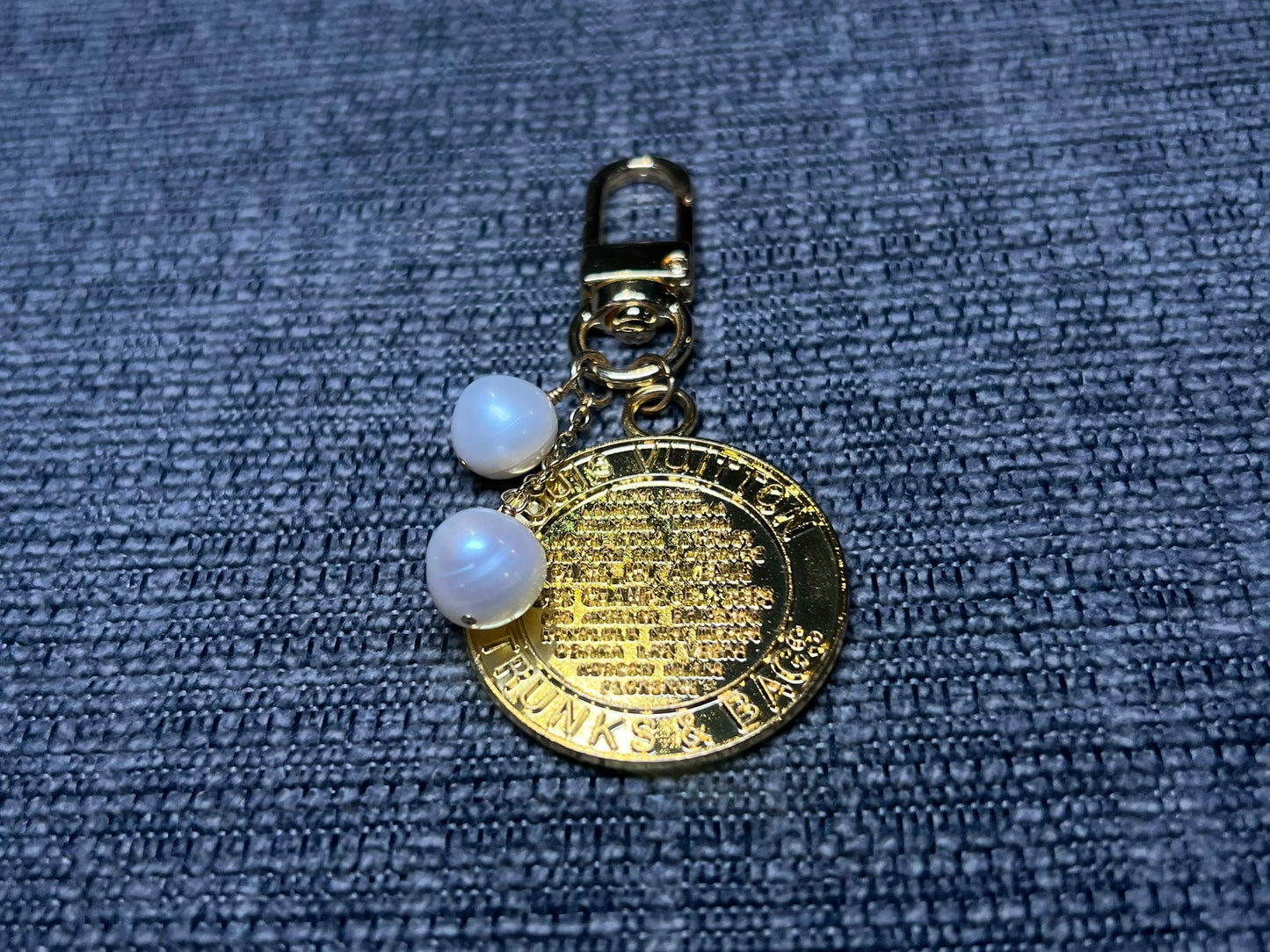 Gold LV Trunk Pull Keychain with Freshwater Pearls
