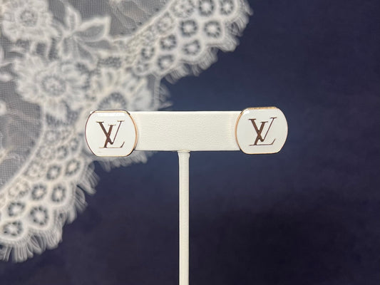White LV Logo Stud Earrings