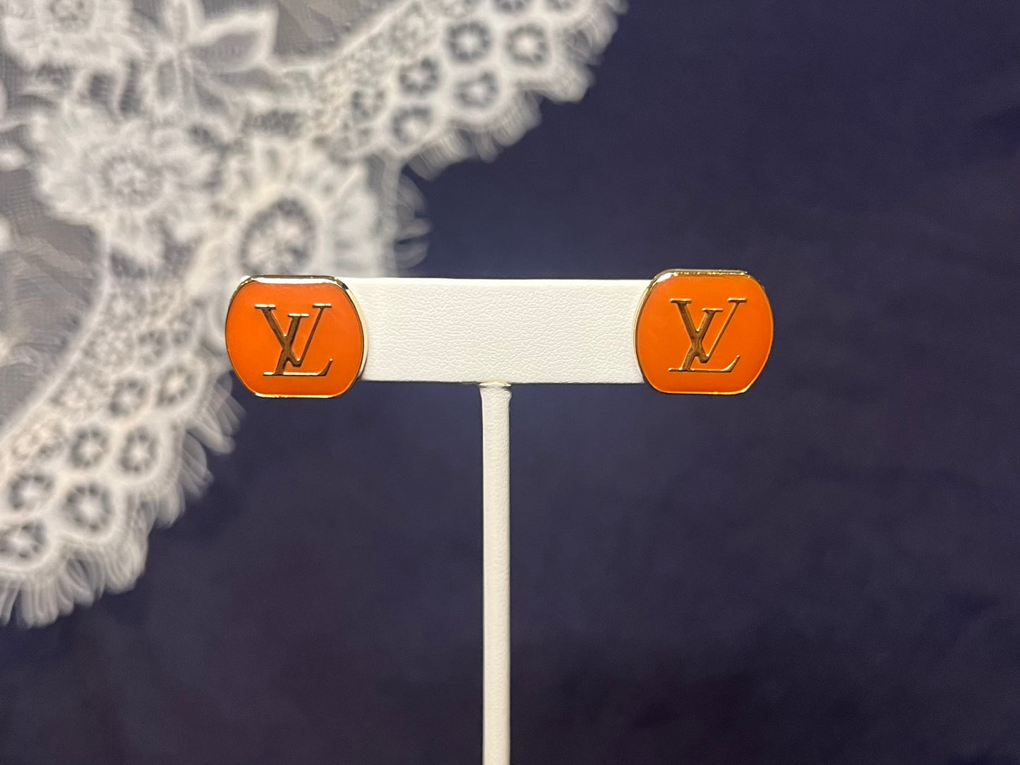 Burnt Orange LV Logo Stud Earrings