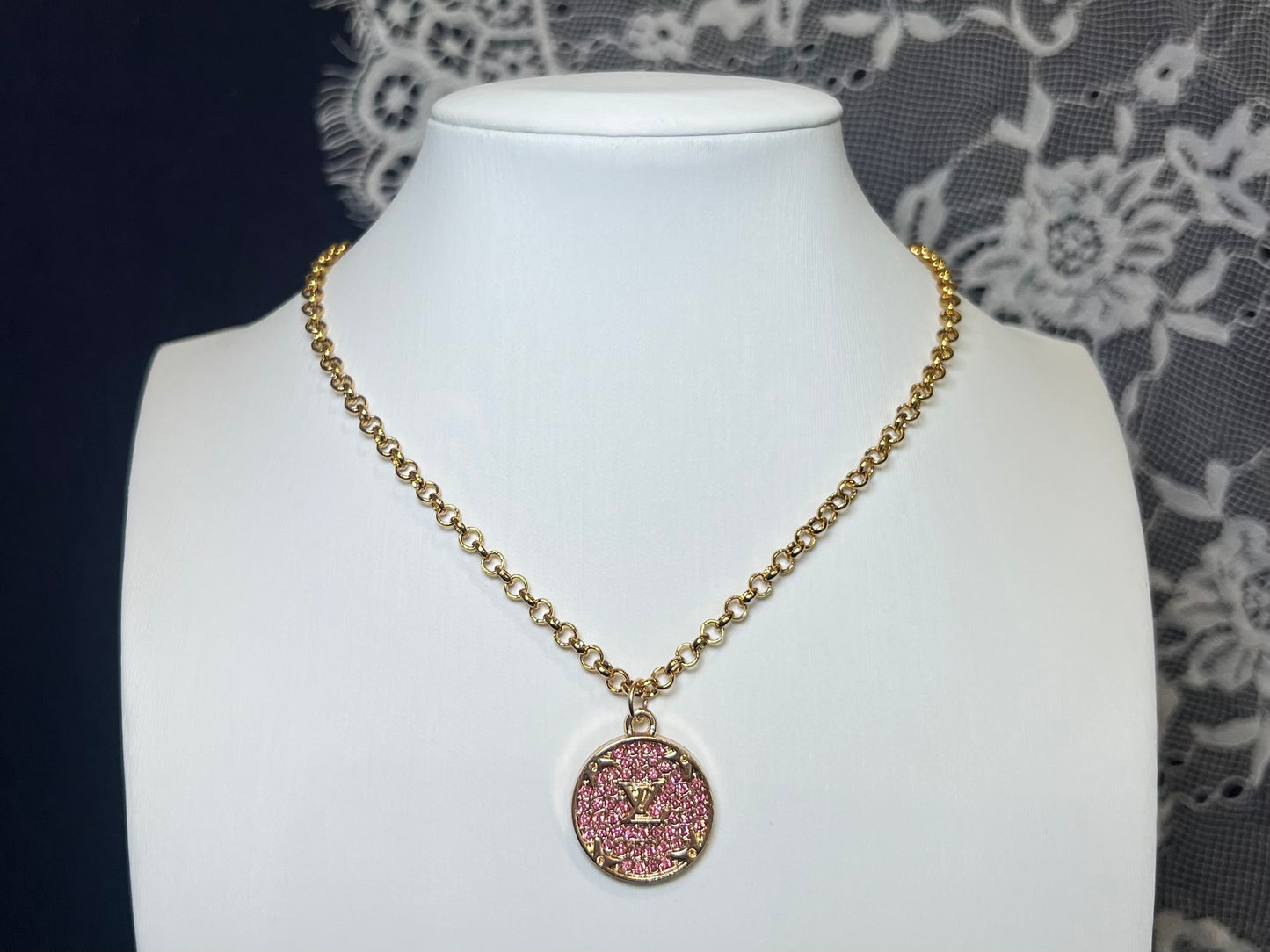 Pink Rhinestone LV Necklace