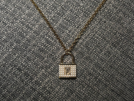 Gold Pearl LV Lock Necklace