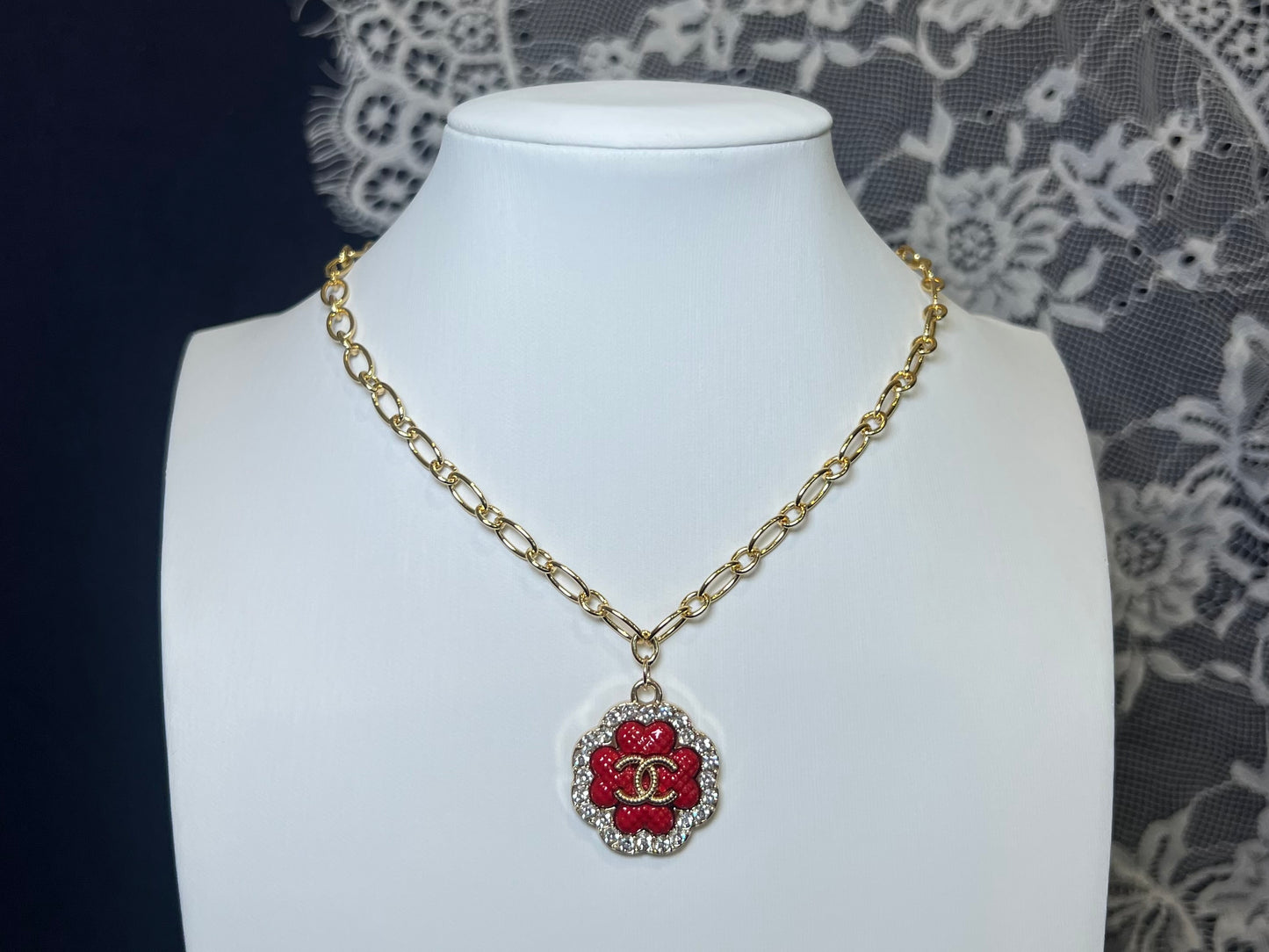 Red Chanel Clover Necklace with Rhinestones
