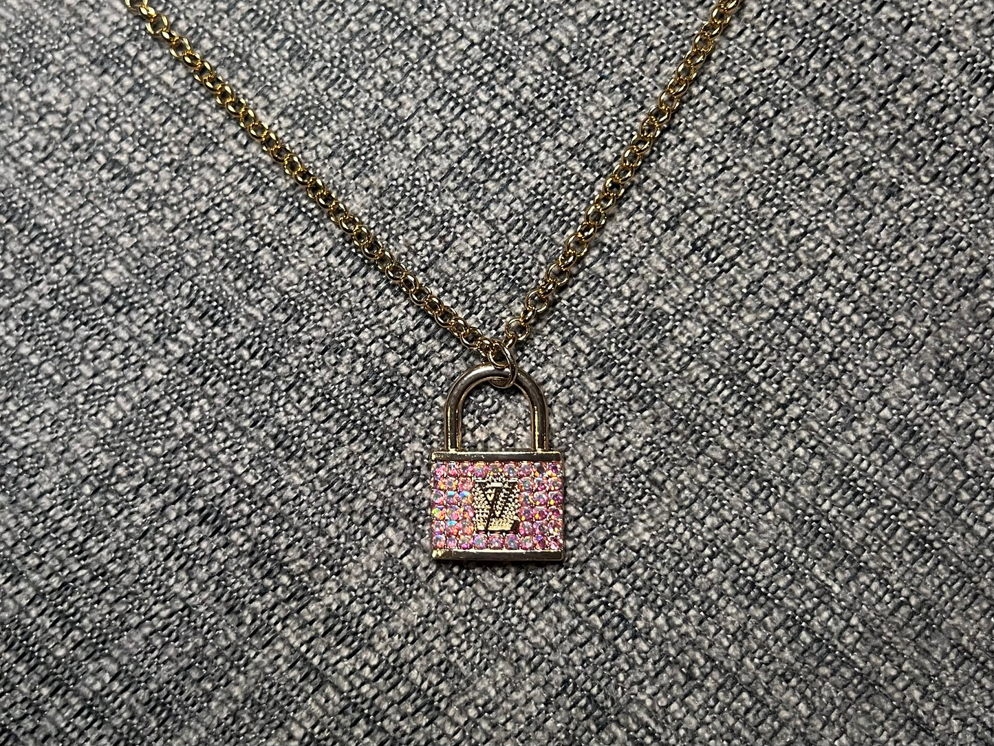 Pink Rhinestone LV Lock Necklace