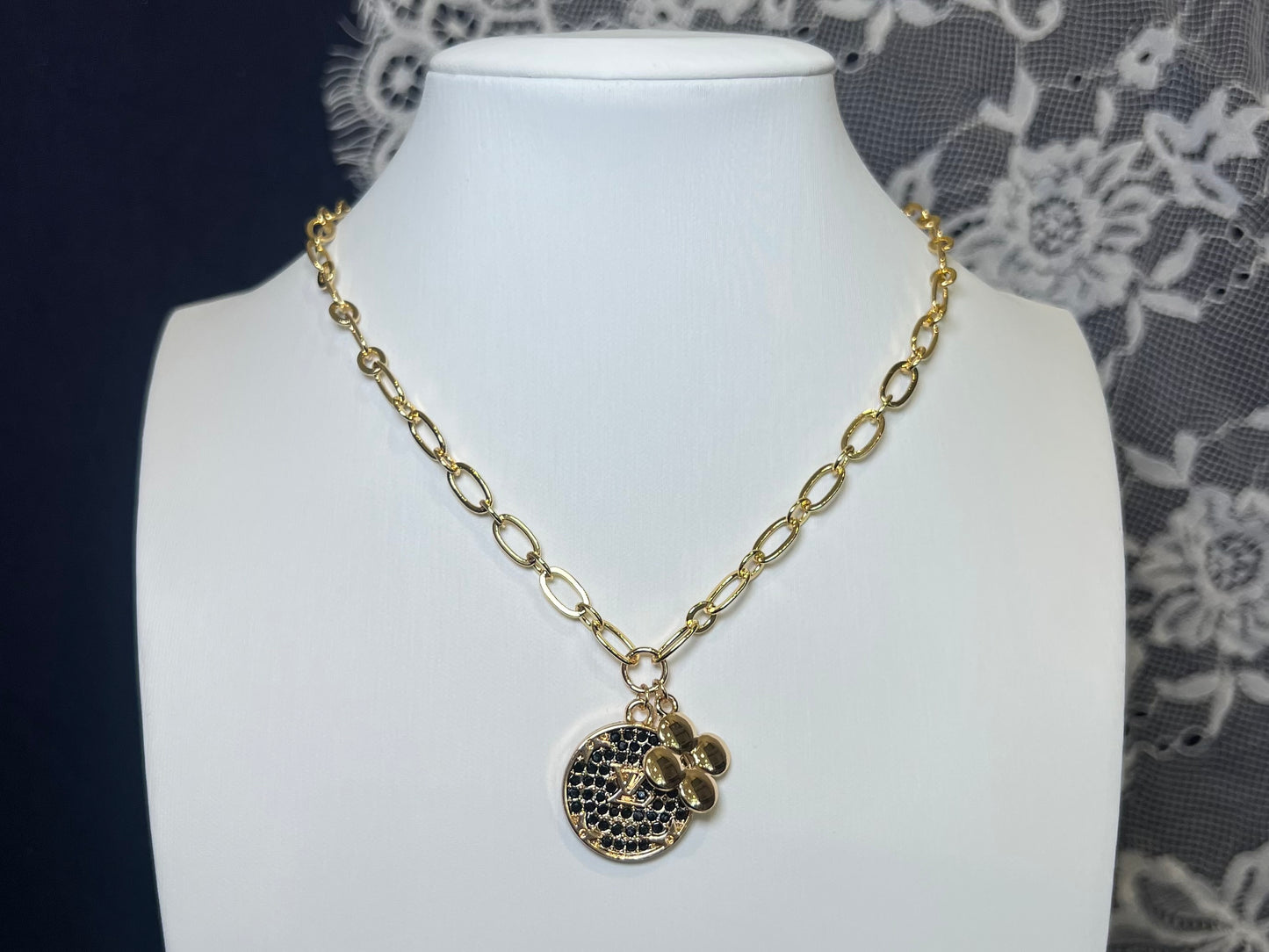 Black Rhinestone LV Pendant with LV Clover