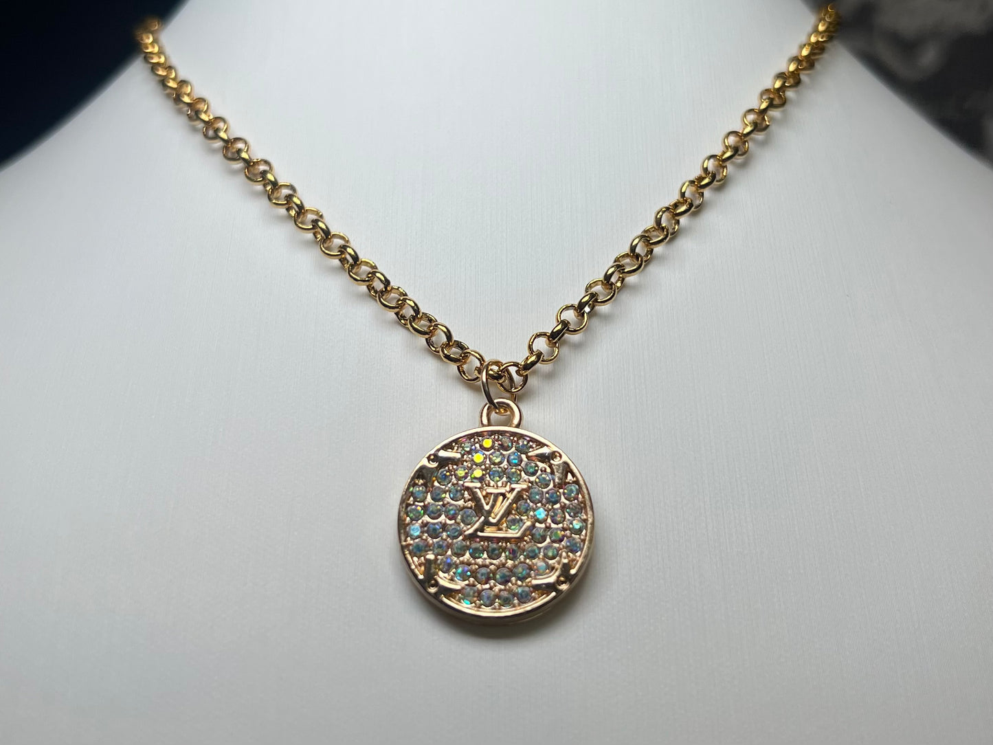 Rainbow Rhinestone LV Pendant Necklace