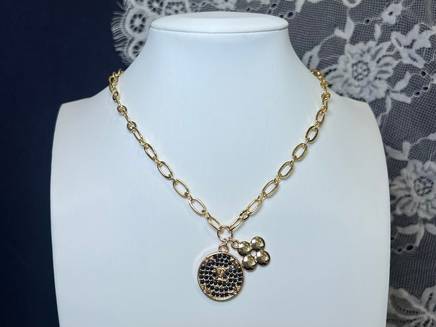 Black Rhinestone LV Pendant with LV Clover