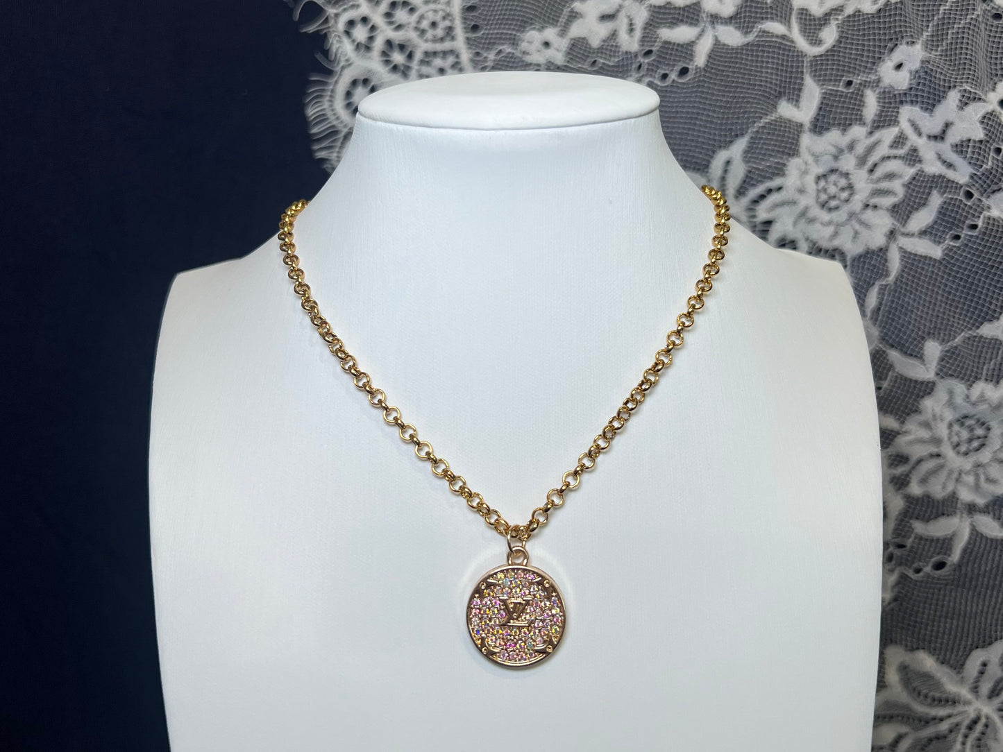 Rainbow Rhinestone LV Pendant Necklace