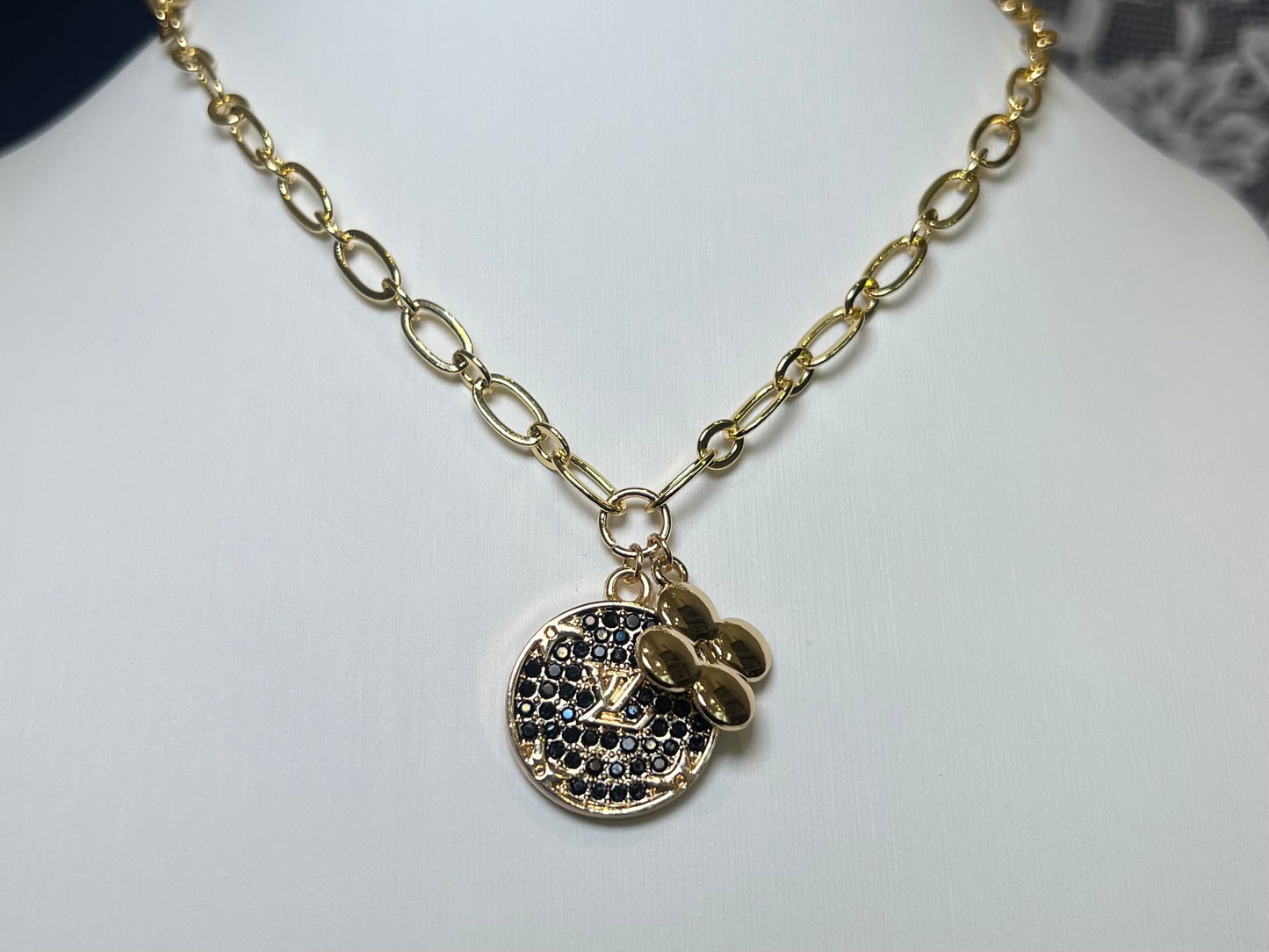 Black Rhinestone LV Pendant with LV Clover