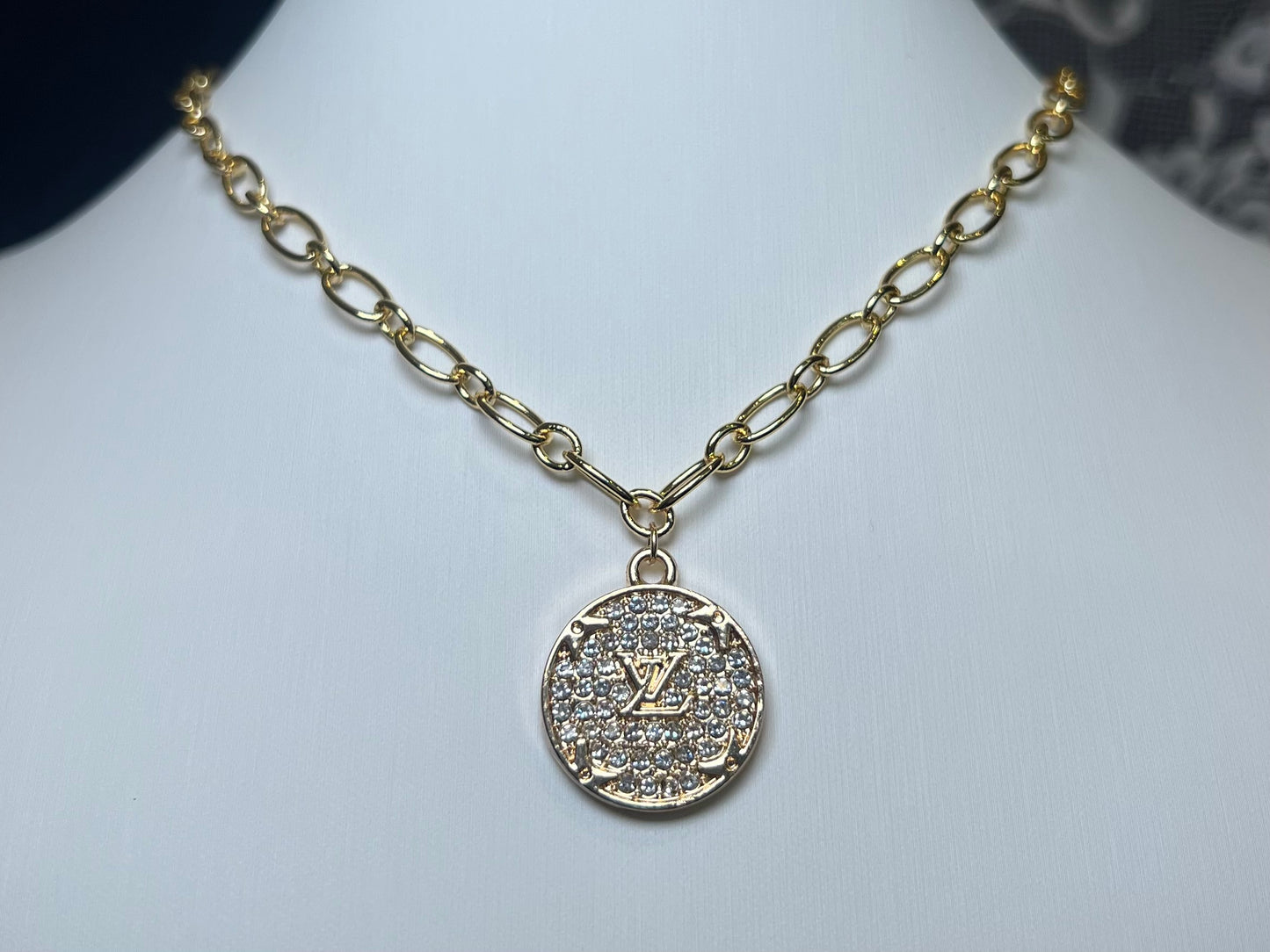 Clear Rhinestone LV Necklace