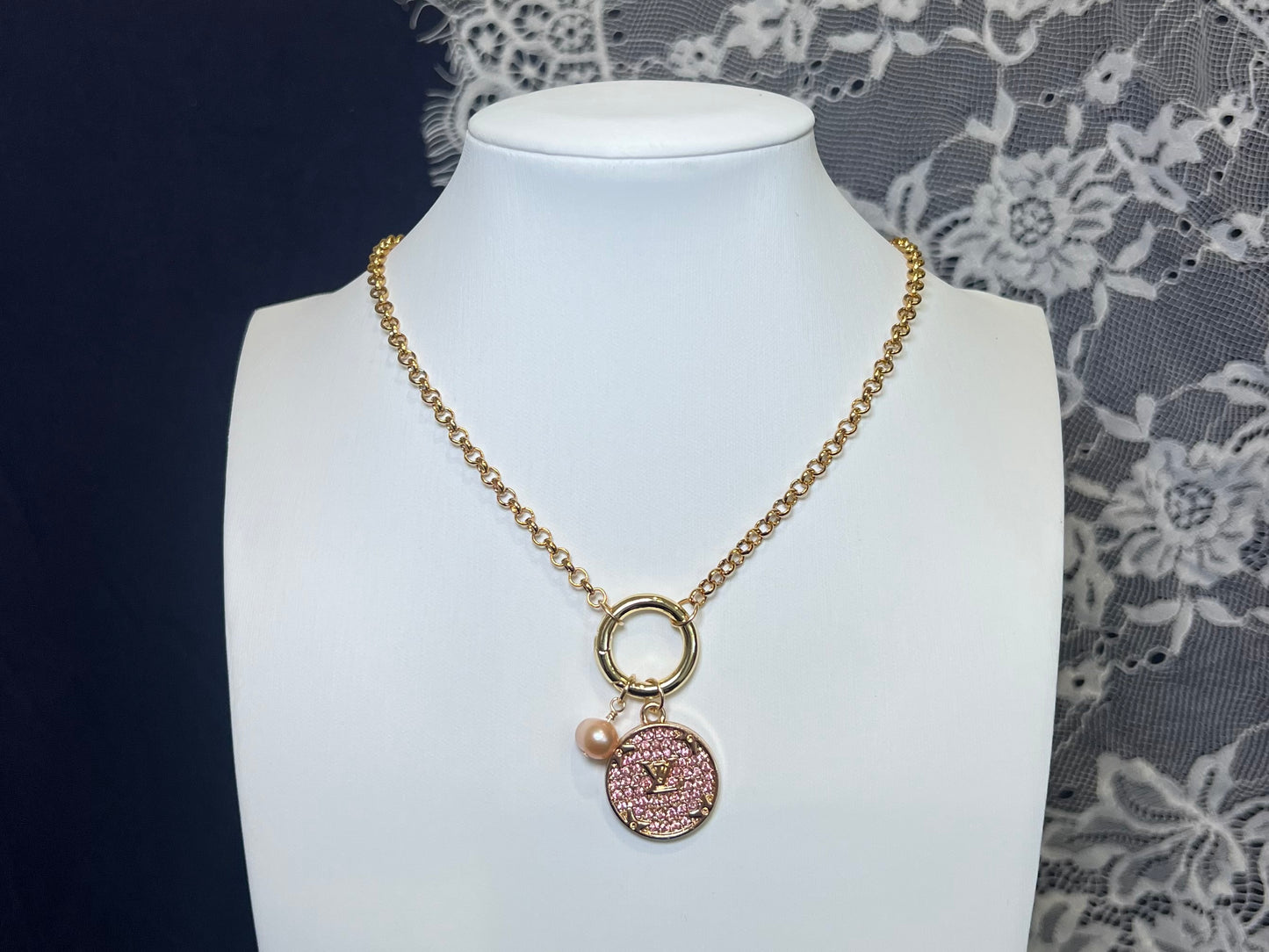 Pink Rhinestone LV Pendant with Freshwater Pearl