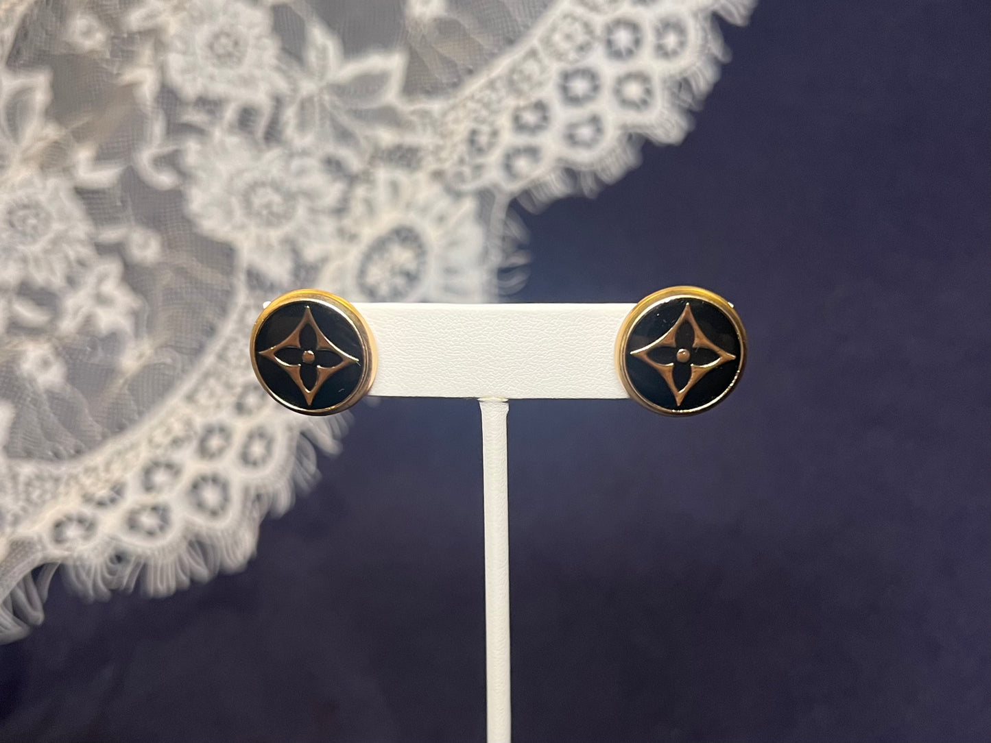 Black LV Flower Logo Stud Earrings