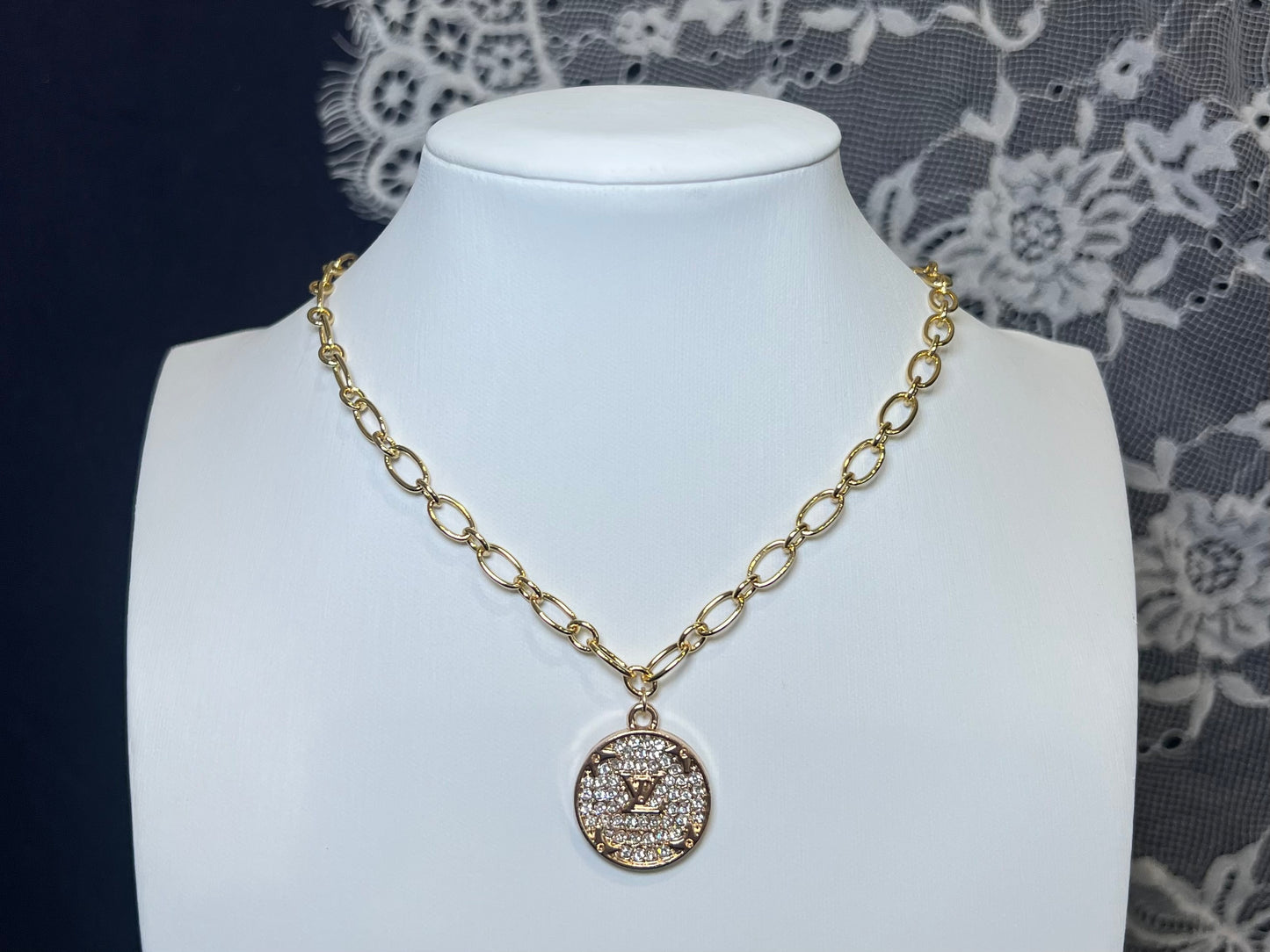 Clear Rhinestone LV Necklace