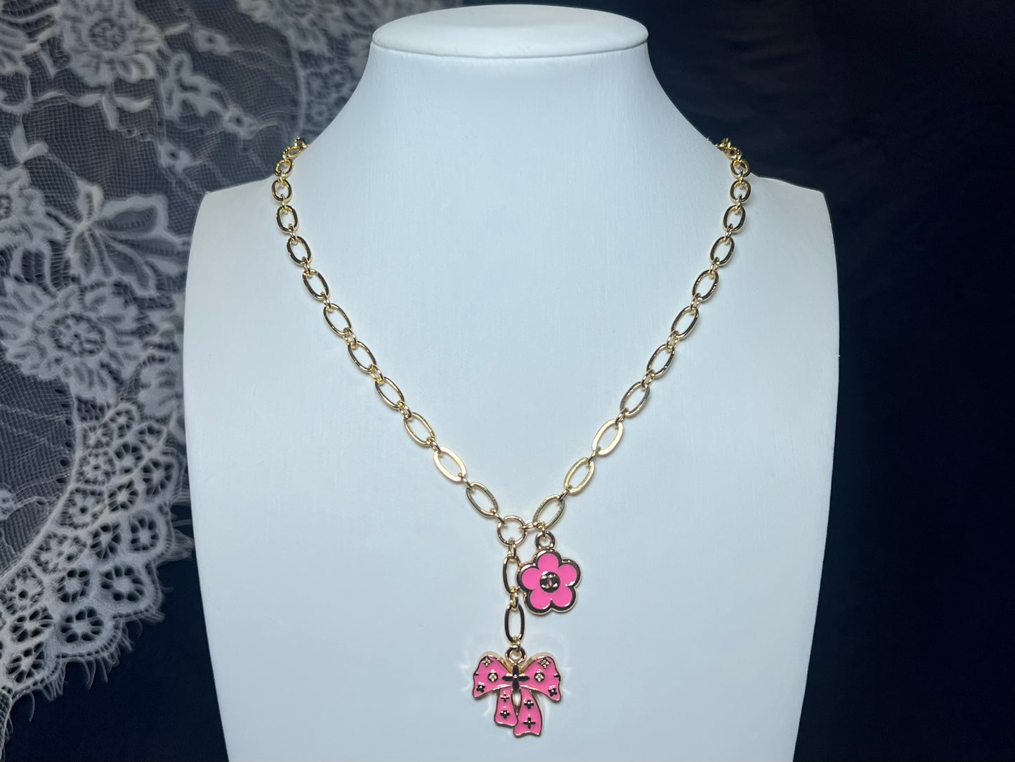 Pink Bow and Flower Necklace