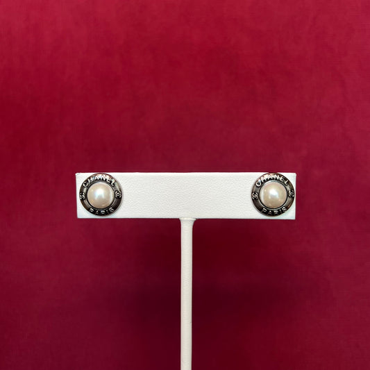 Silver Chanel Pearl Stud Earrings