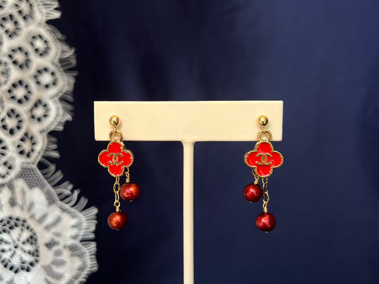 Red Chanel Flower Earrings with Freshwater Pearls