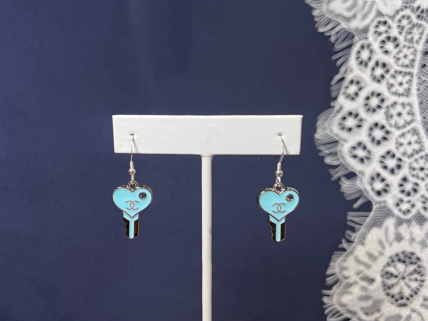 Blue and Silver Chanel Key Earrings