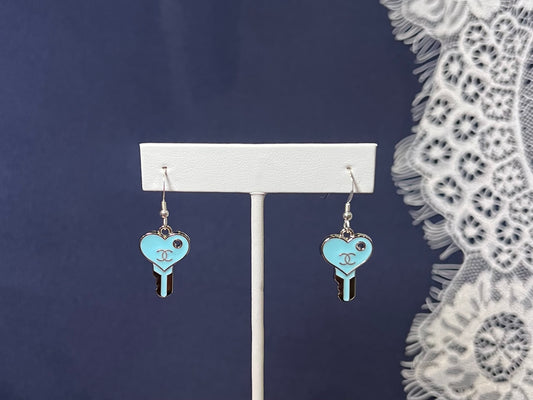 Blue and Silver Chanel Key Earrings