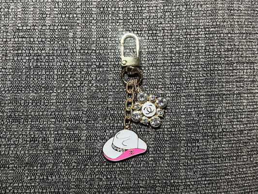 White CC Cowboy Hat and Rhinestone Keychain