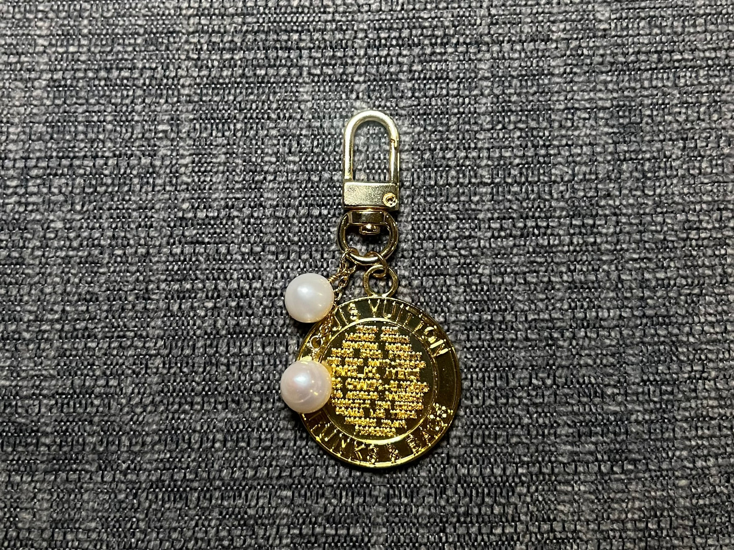 Gold LV Trunk Pull Keychain with Freshwater Pearls