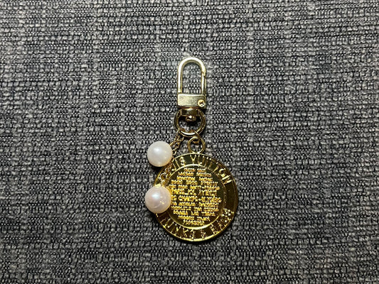 Gold LV Trunk Pull Keychain with Freshwater Pearls
